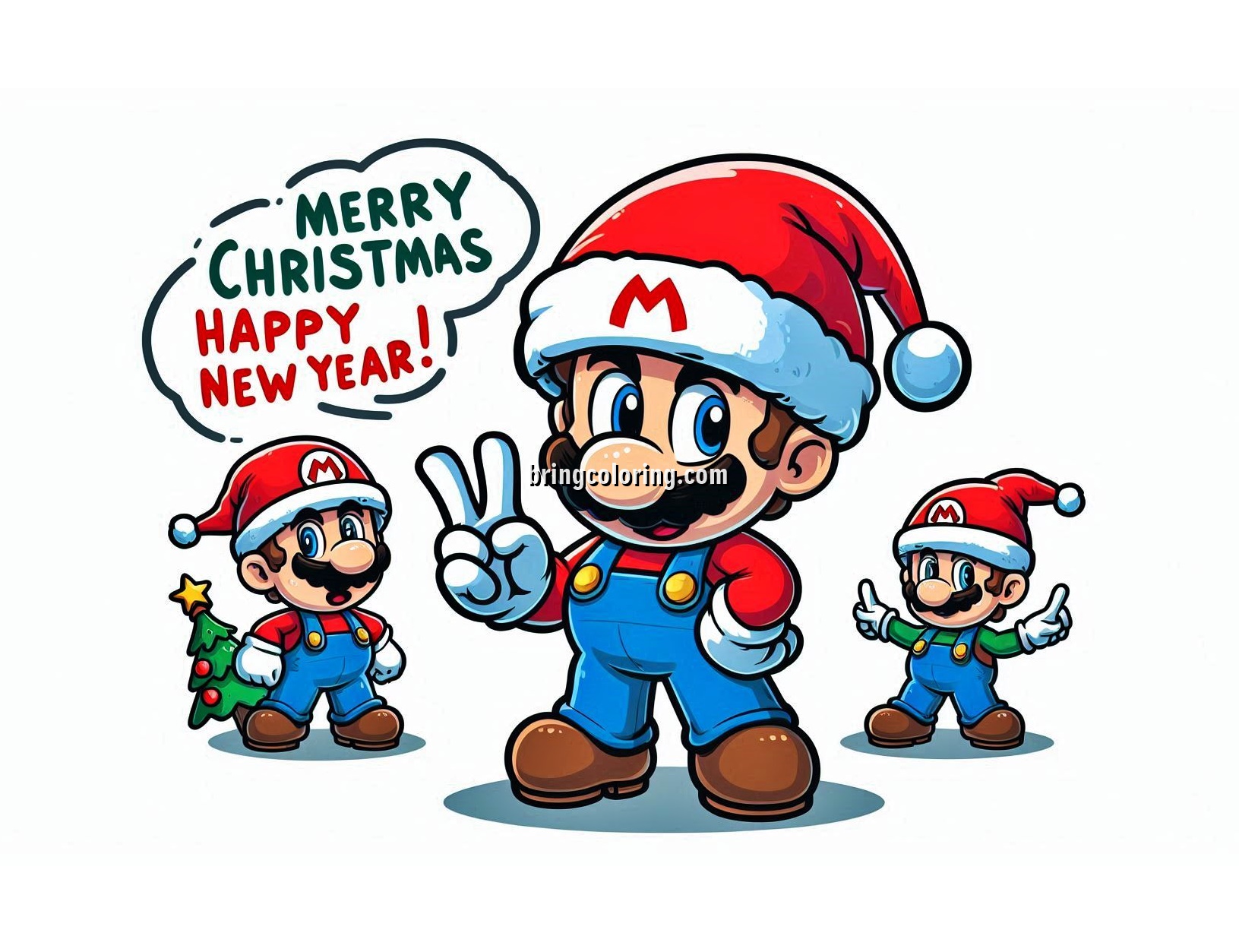 Image of Mario Bros Celebrates Christmas and Happy New Year Coloring