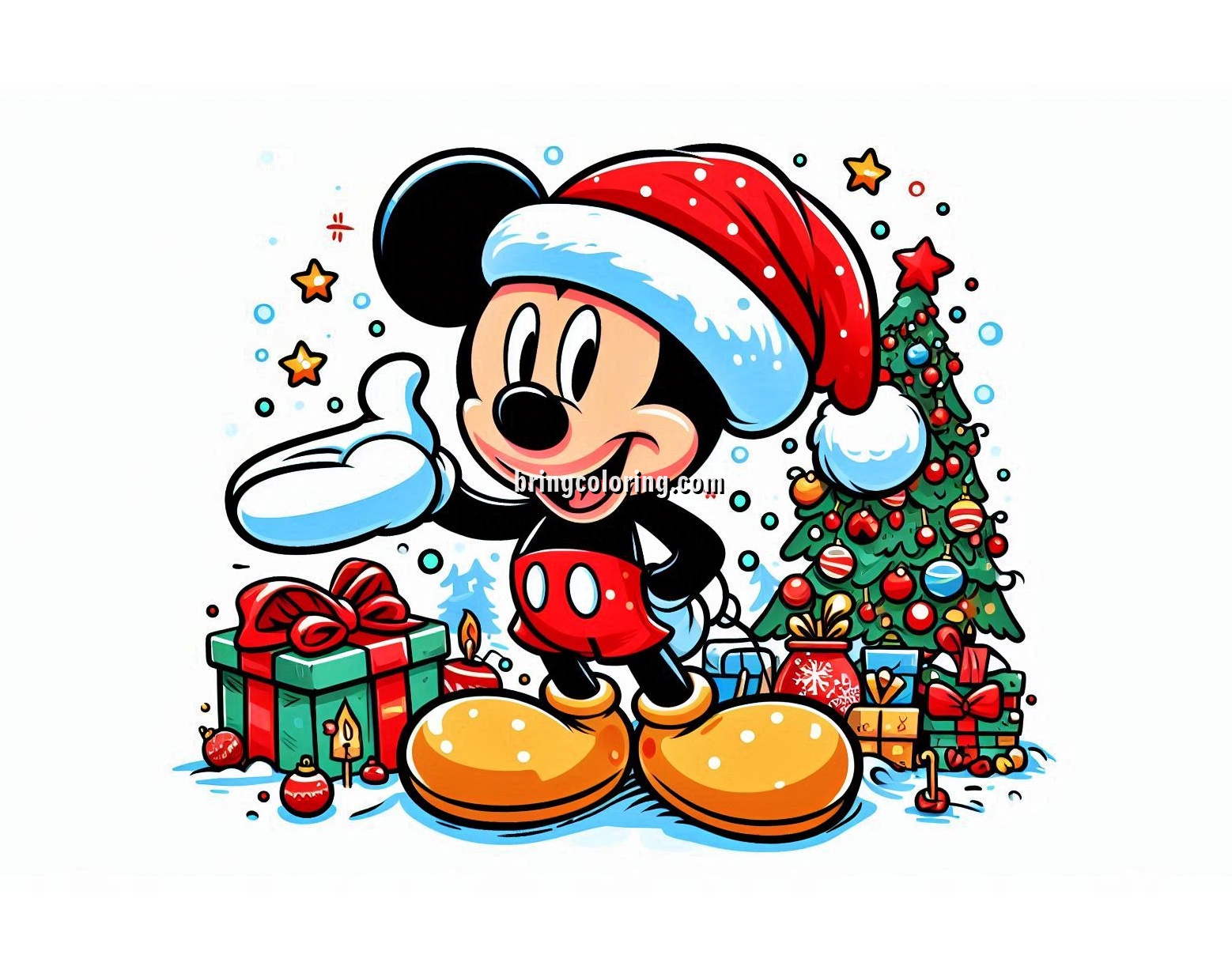 Image of Mickey Mouse Wearing a Santa Hat at Christmas Celebration Coloring