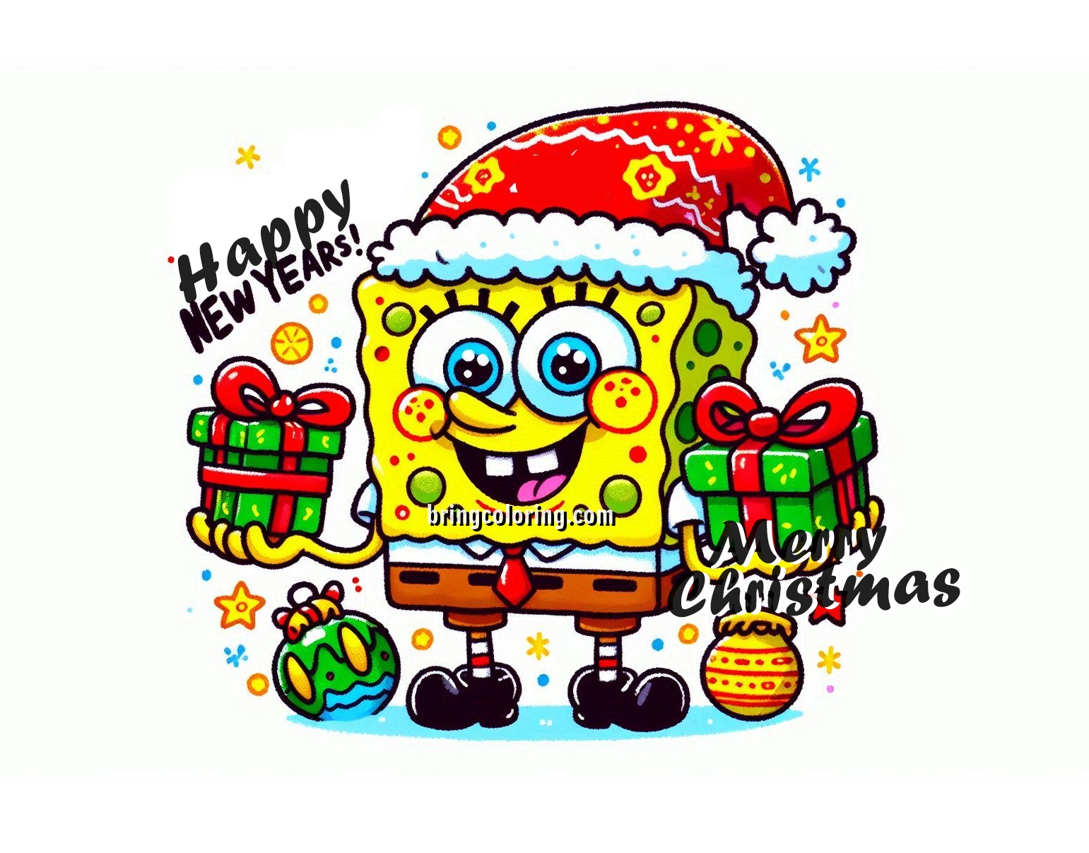 Image of Spongebob celebrates Christmas and Happy New Year Coloring