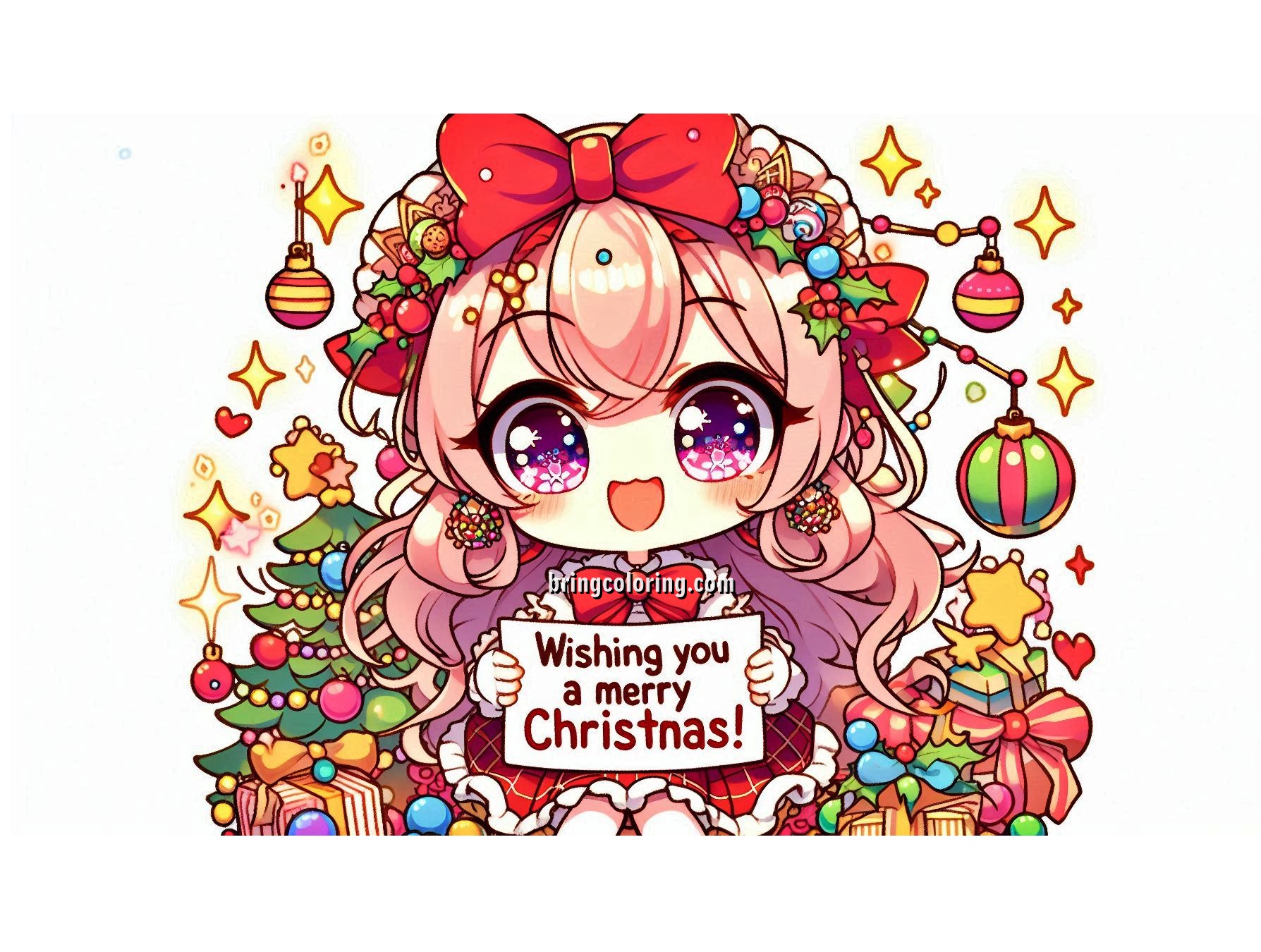 Image of cute chibi anime wishes you a Merry Christmas coloring