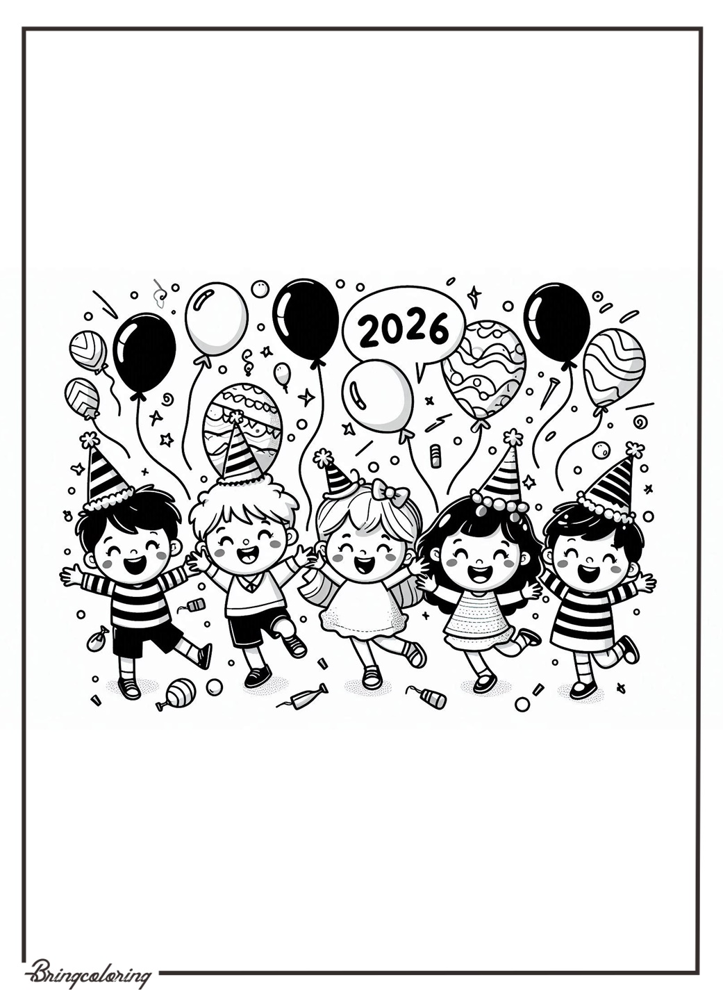 Get ready to Welcome New Year 2026 with Fun and Color! 1 Kids Celebrate Happy New Year 2026 with Ballons Coloring Online Page bringcoloring.com