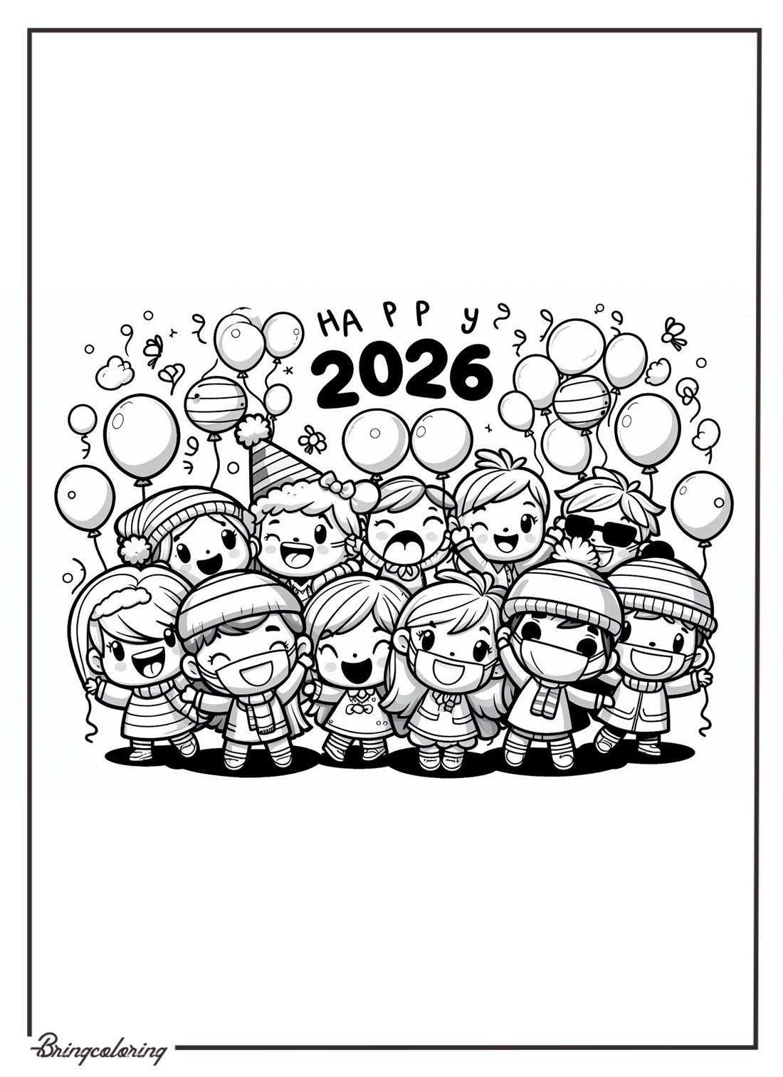 Get ready to Welcome New Year 2026 with Fun and Color! 2 Kids Celebrate Happy New Year 2026 with Ballons Coloring Online Pages bringcoloring.com