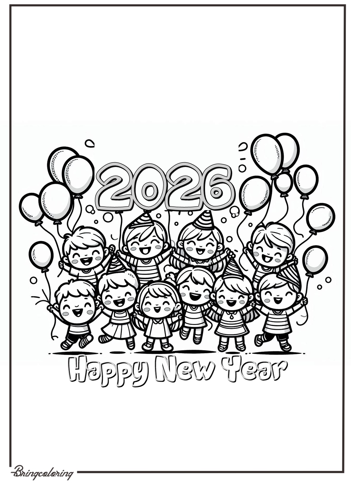 Get ready to Welcome New Year 2026 with Fun and Color! 3 Kids Celebrate Happy New Year 2026 with Ballons Coloring Pages bringcoloring.com