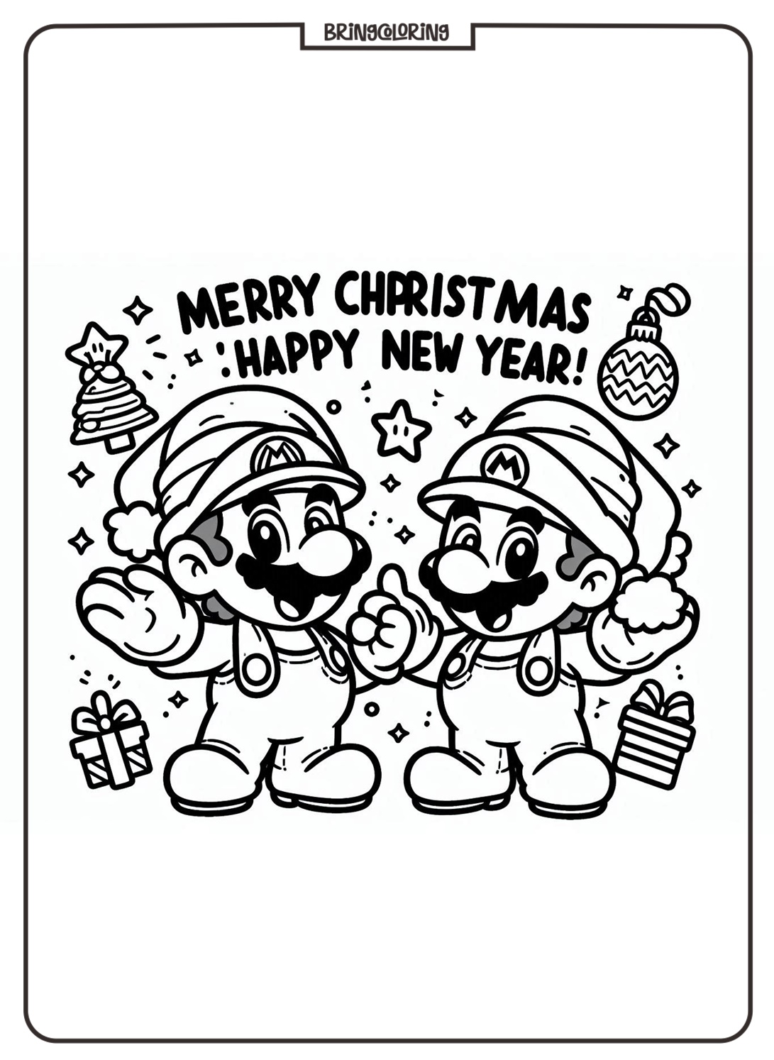 Mario Bros Celebrates Christmas and Happy New Year Coloring Page