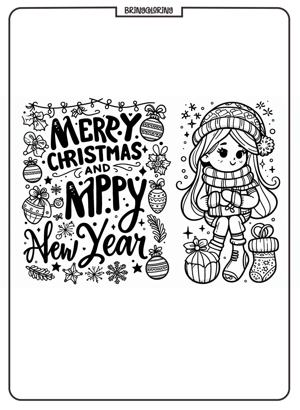 Merry Christmas and happy New Year Coloring Page Bringcoloring.com