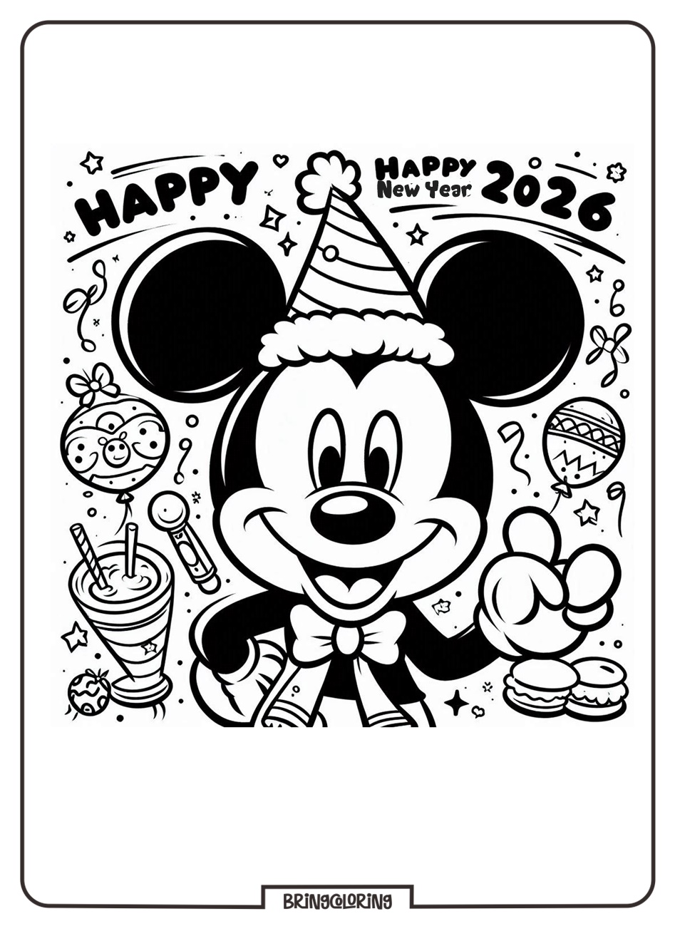 Mickey Mouse Wishes You a Happy New Year Coloring Pages 1 Mickey Mouse Celebrate Happy New Year 2026 Coloring Online Page bringcoloring.com