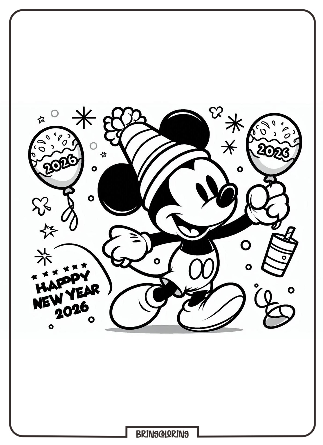 Mickey Mouse Wishes You a Happy New Year Coloring Pages 2 Mickey Mouse Celebrate Happy New Year 2026 Coloring Online Pages bringcoloring.com