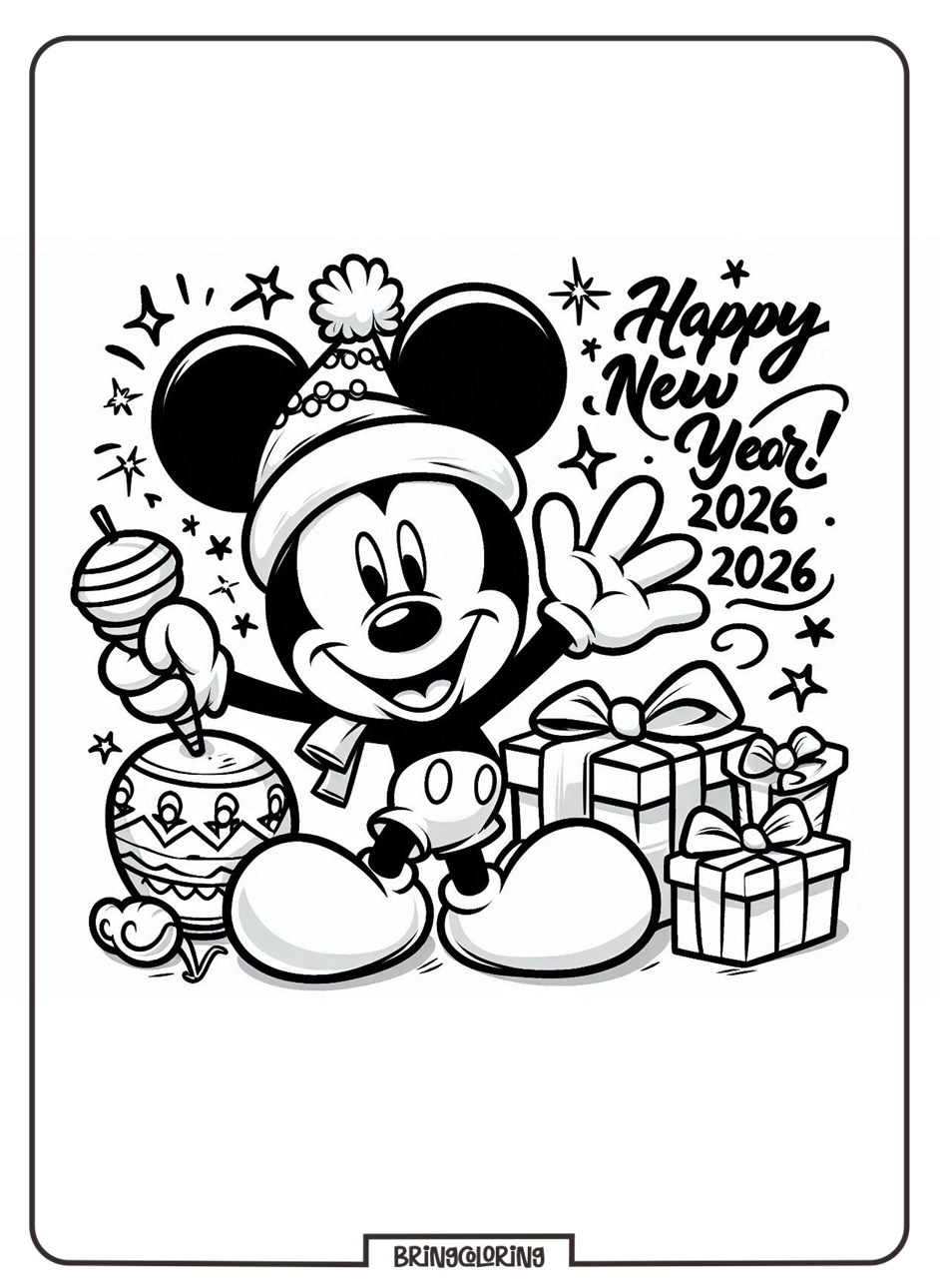 Mickey Mouse Wishes You a Happy New Year Coloring Pages 3 Mickey Mouse Celebrate Happy New Year 2026 Coloring Page bringcoloring.com