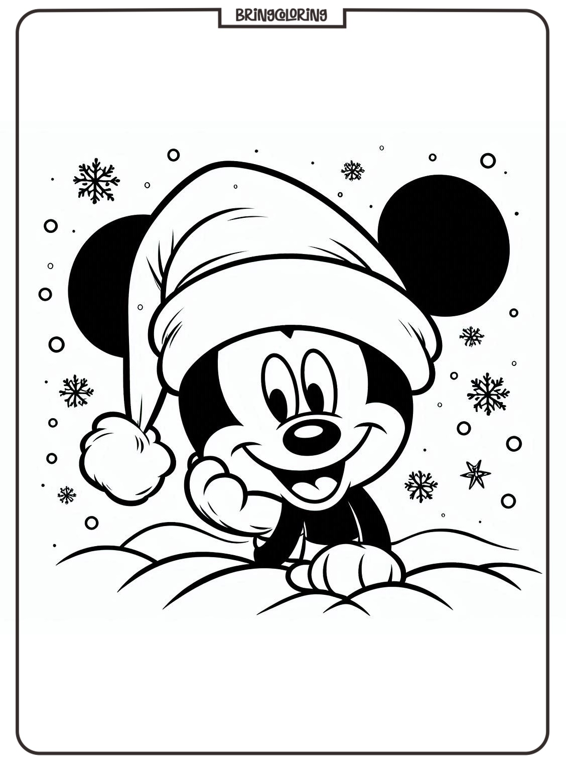 Mickey Mouse Wearing a Santa Hat at Christmas Celebration Coloring Online Page for Kids bringcoloring.com