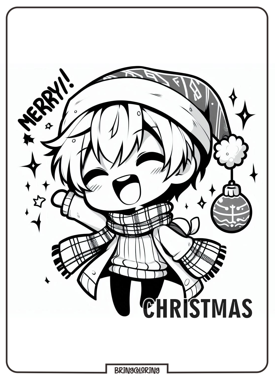 cute chibi anime wishes you a Merry Christmas coloring online page bringcoloring.com
