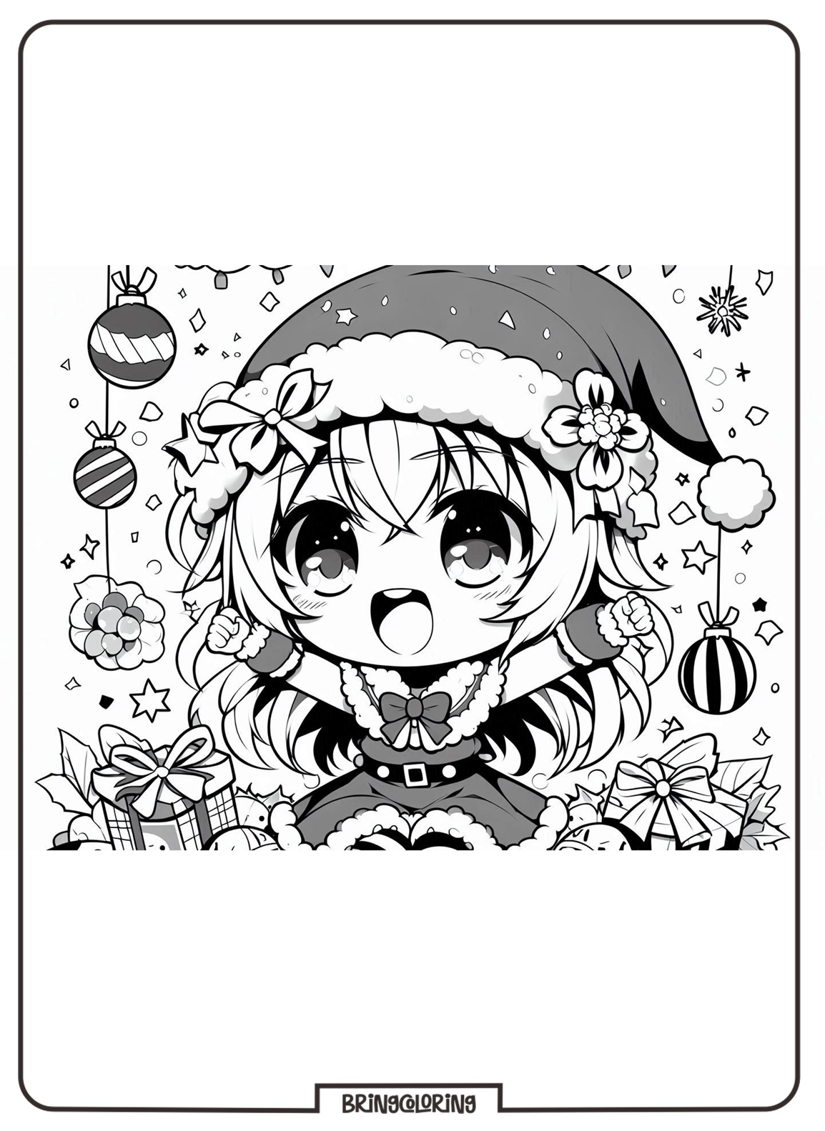 cute chibi anime wishes you a Merry Christmas coloring page bringcoloring.com