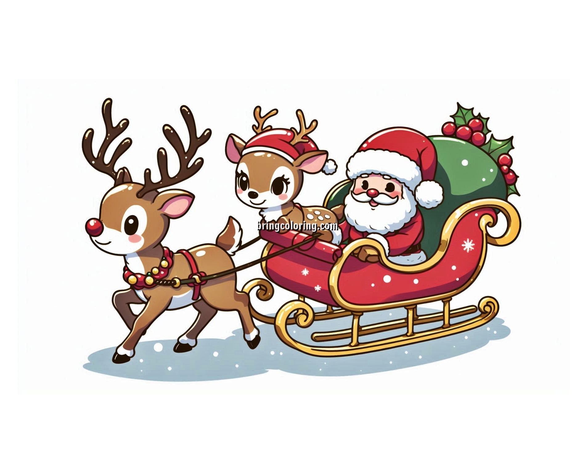 image of Rudolph and Santa's Sleigh on Christmas Eve Coloring