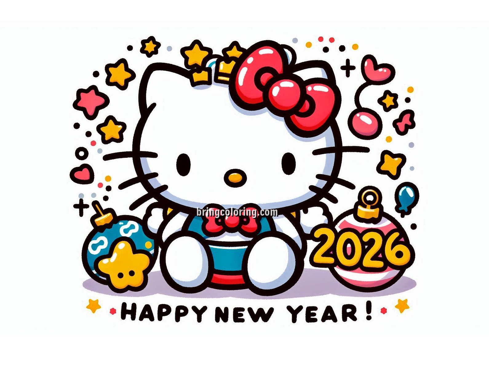 Hello Kitty Celebrate Happy New Year 2026 Coloring Pages for Kids 5 image of hello kitty celebrate happy new year 2026 coloring