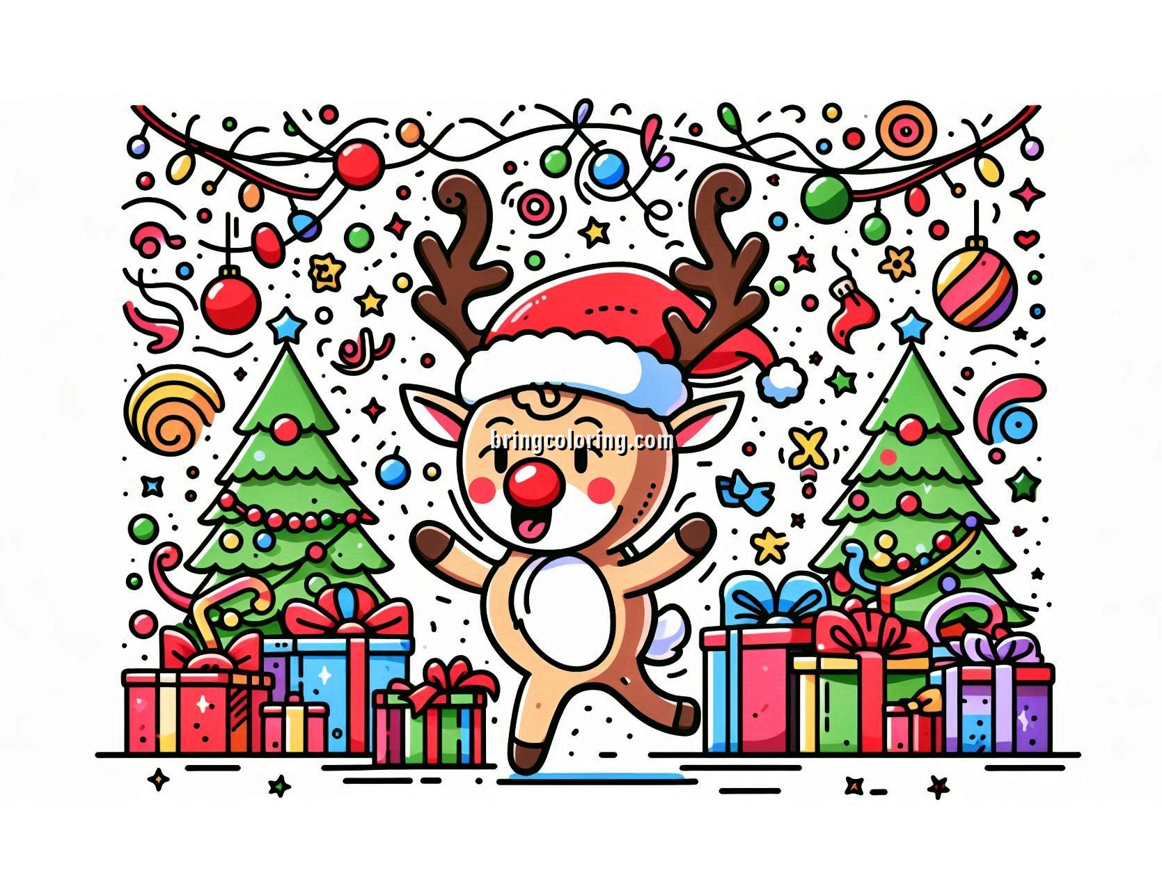 image of rudolph celebrates merry christmas coloring