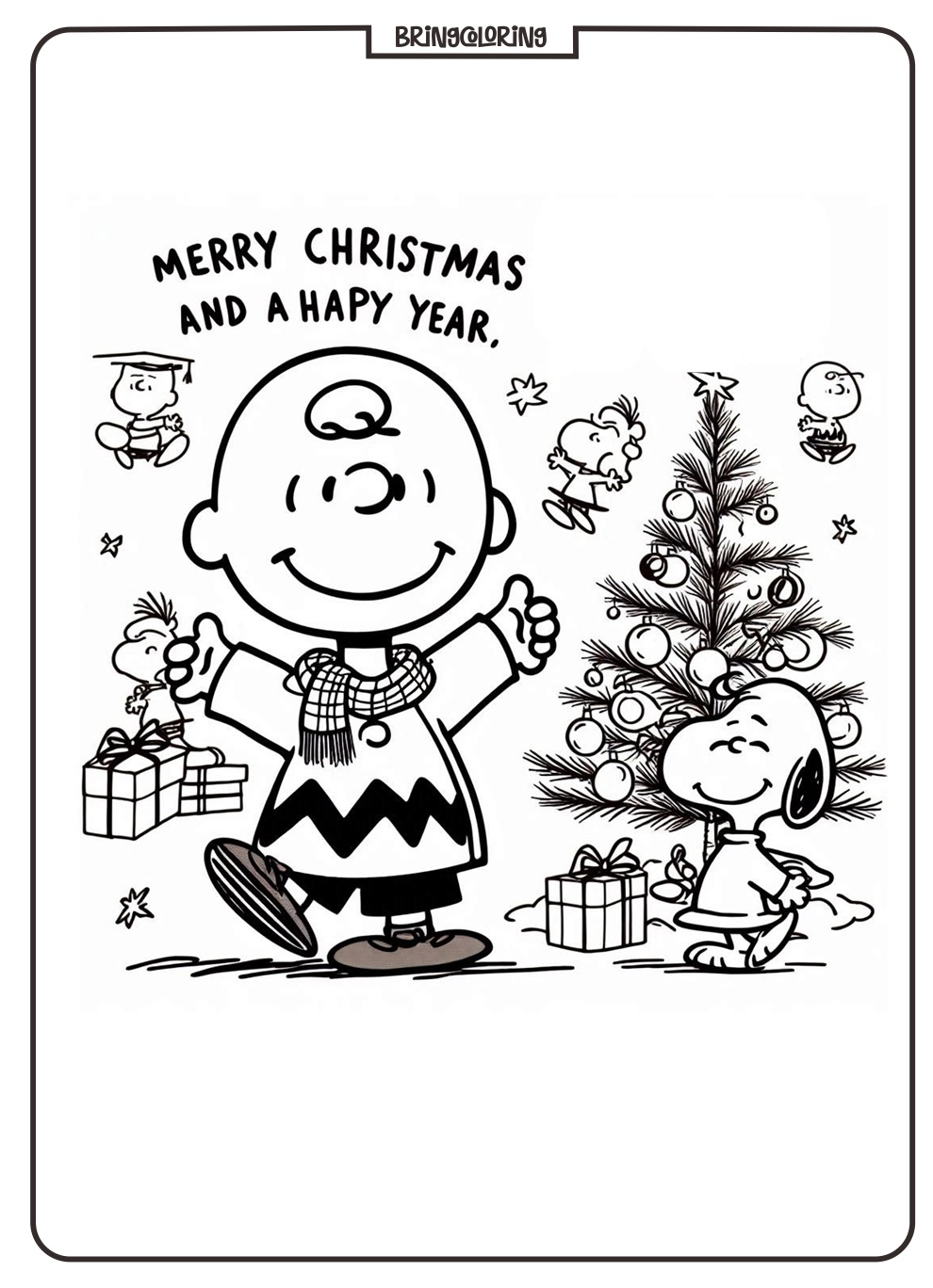 Charlie Brown Wishes You a Merry Christmas and a Happy New Year Coloring