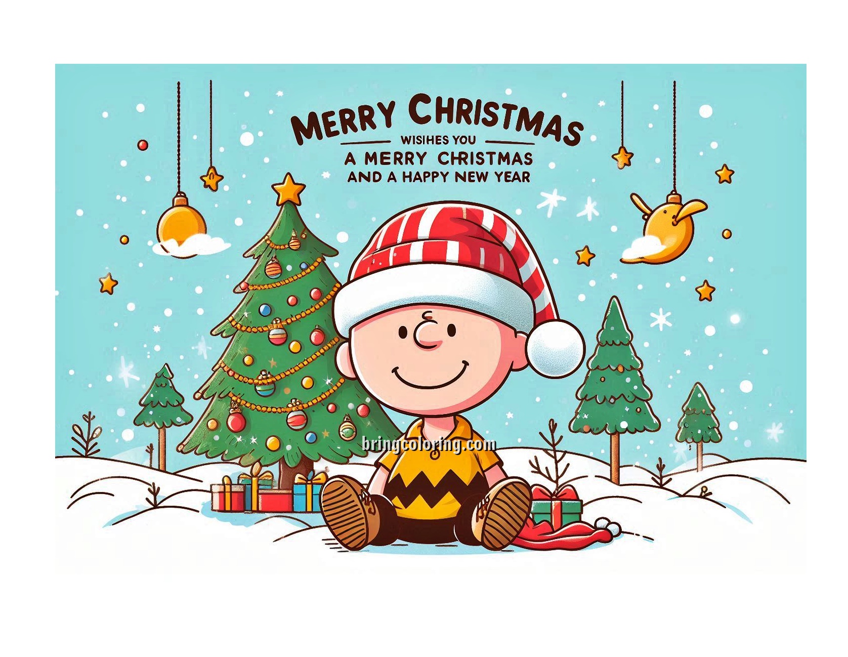 Image of Charlie Brown Wishes You a Merry Christmas and a Happy New Year Coloring
