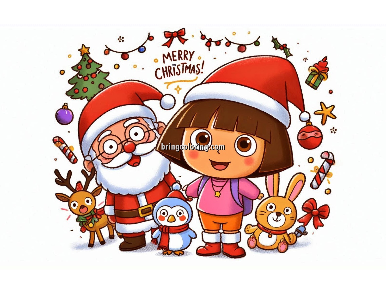 Image of Dora Wishes You a Merry Christmas and a Happy New Year Coloring