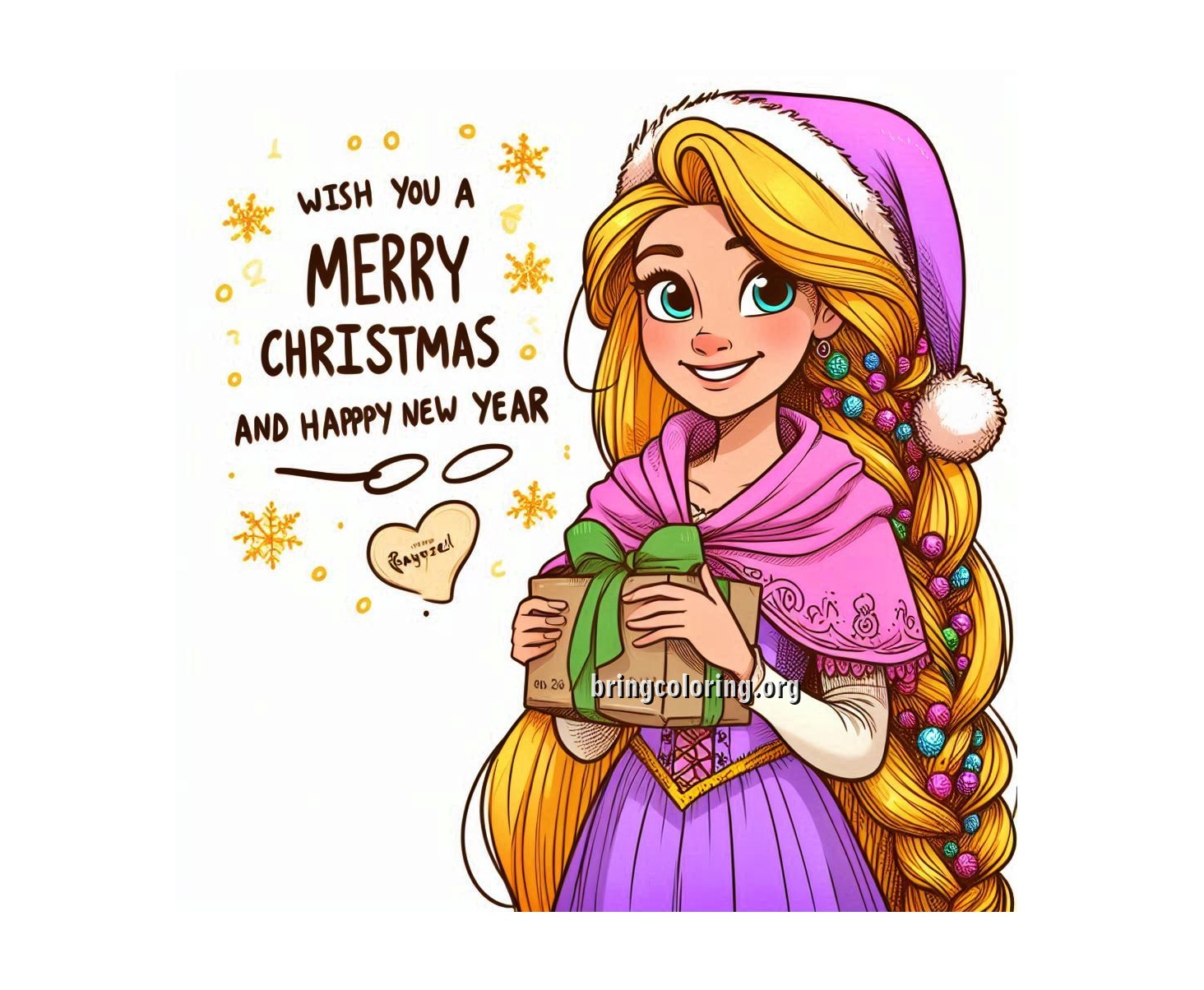 Welcome to Rapunzel’s Christmas and New Year Coloring Pages! 3 Image of Rapunzel Wishes You a Merry Christmas and Happy New Year Coloring