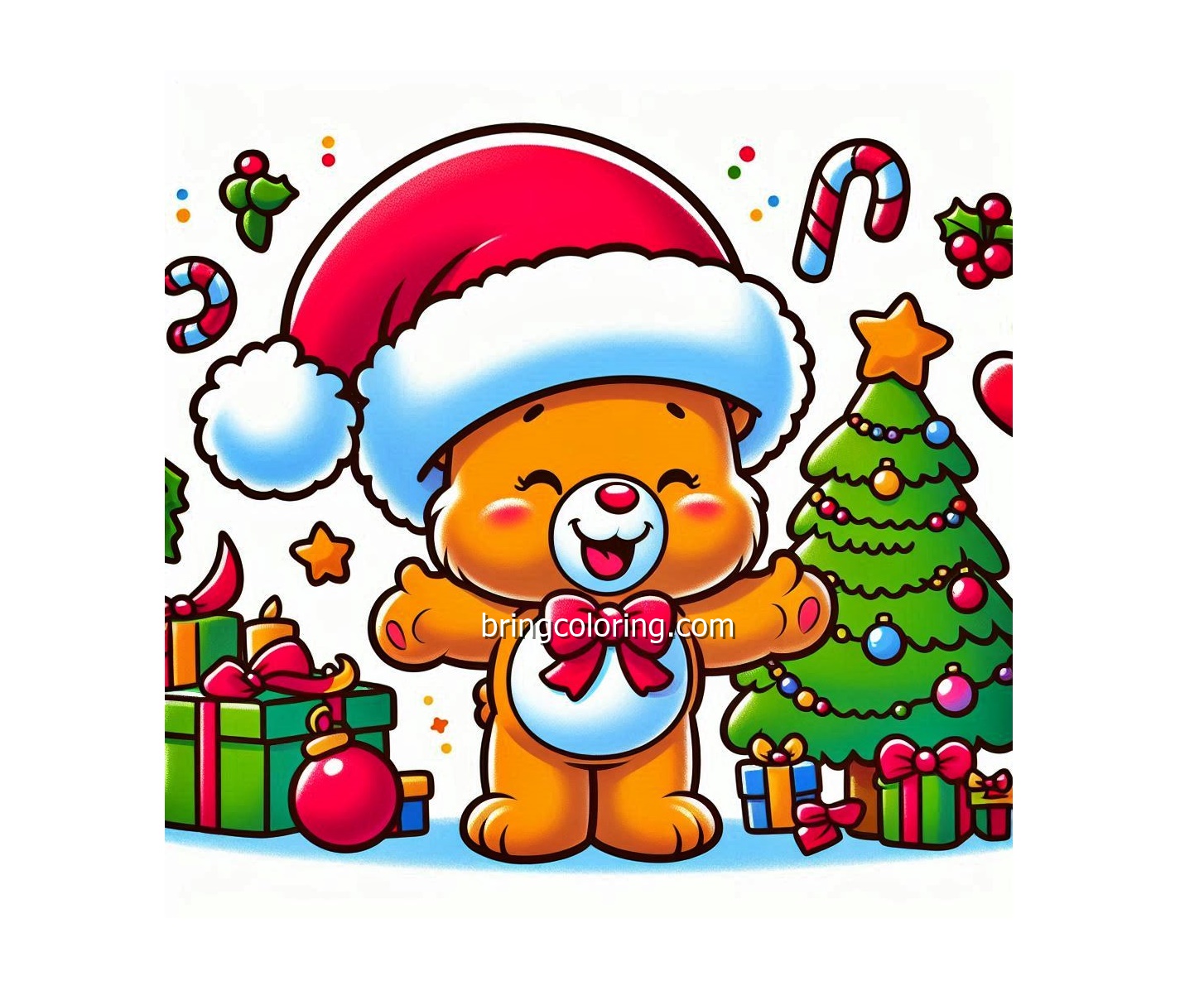 Care Bear Wearing a Santa Hat at Christmas Celebration Coloring Image