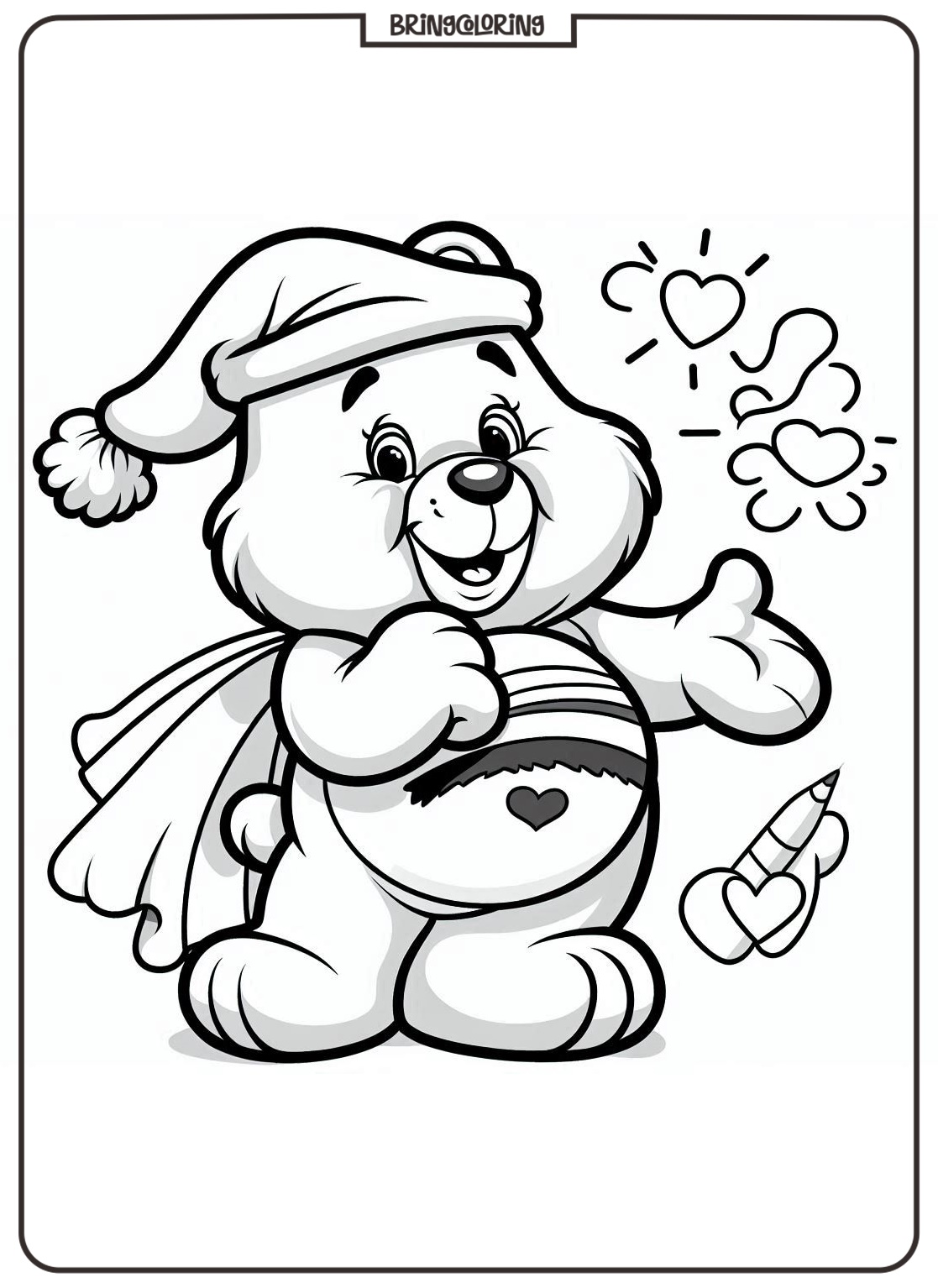 Care Bear Wearing a Santa Hat at Christmas Celebration Coloring Pages